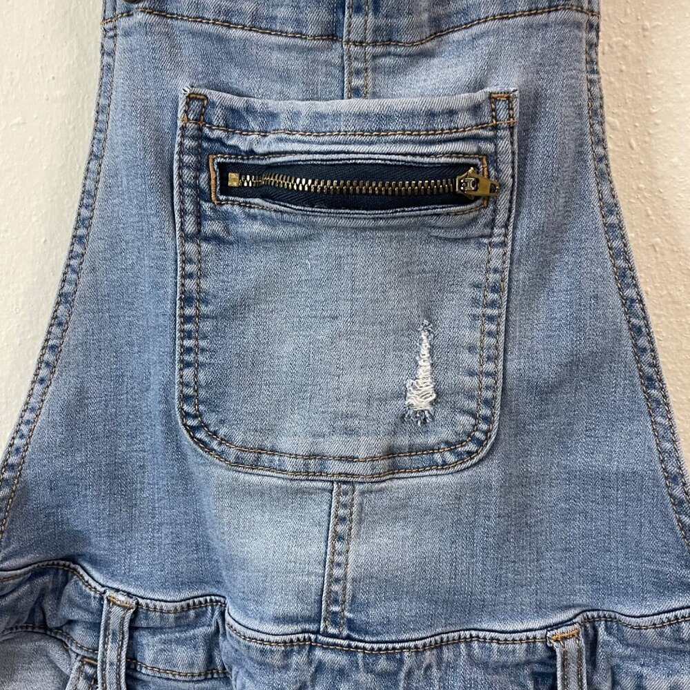 Distressed blue denim short jumpsuit with adjustable white straps, Size 16 - Picture 4 of 12